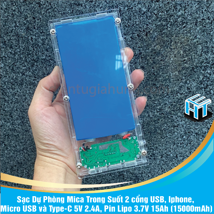 Sạc Dự Phòng Mica Trong Suốt 2 cổng USB, Ip, Micro USB và Type-C 5V 2.4A, Pin Lipo 3.7V 15Ah