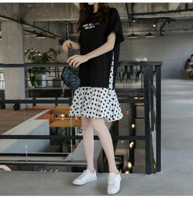 Đầm nữ dáng suông chấm bi, đầm thun nữ dáng suông