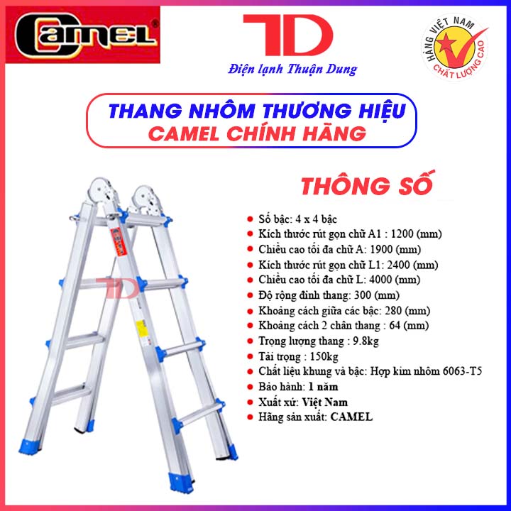 Thang nhôm rút trượt chữ A CAMEL đa năng chống trượt, rút lồng, gấp trượt có khóa an toàn - Điện Lạnh Thuận Dung