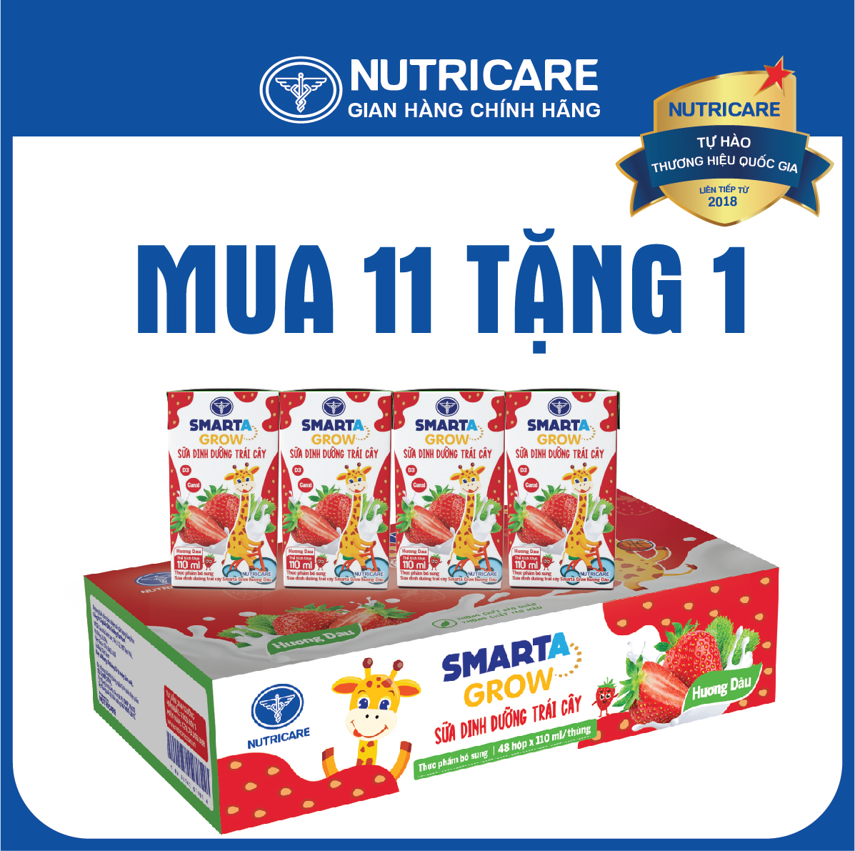 [Mua 11 lốc tặng 1] Sữa nước Nutricare Smarta Grow vị dâu (110ml)