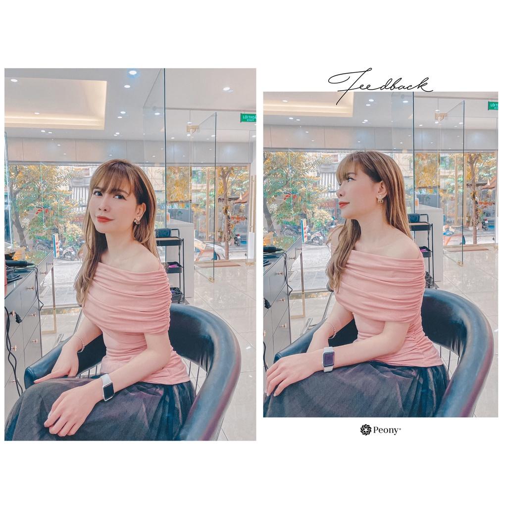 Áo trễ vai ngang bản to dúm sành điệu, 3 màu, hot trend, co giãn tốt Peony - LUAH TOP