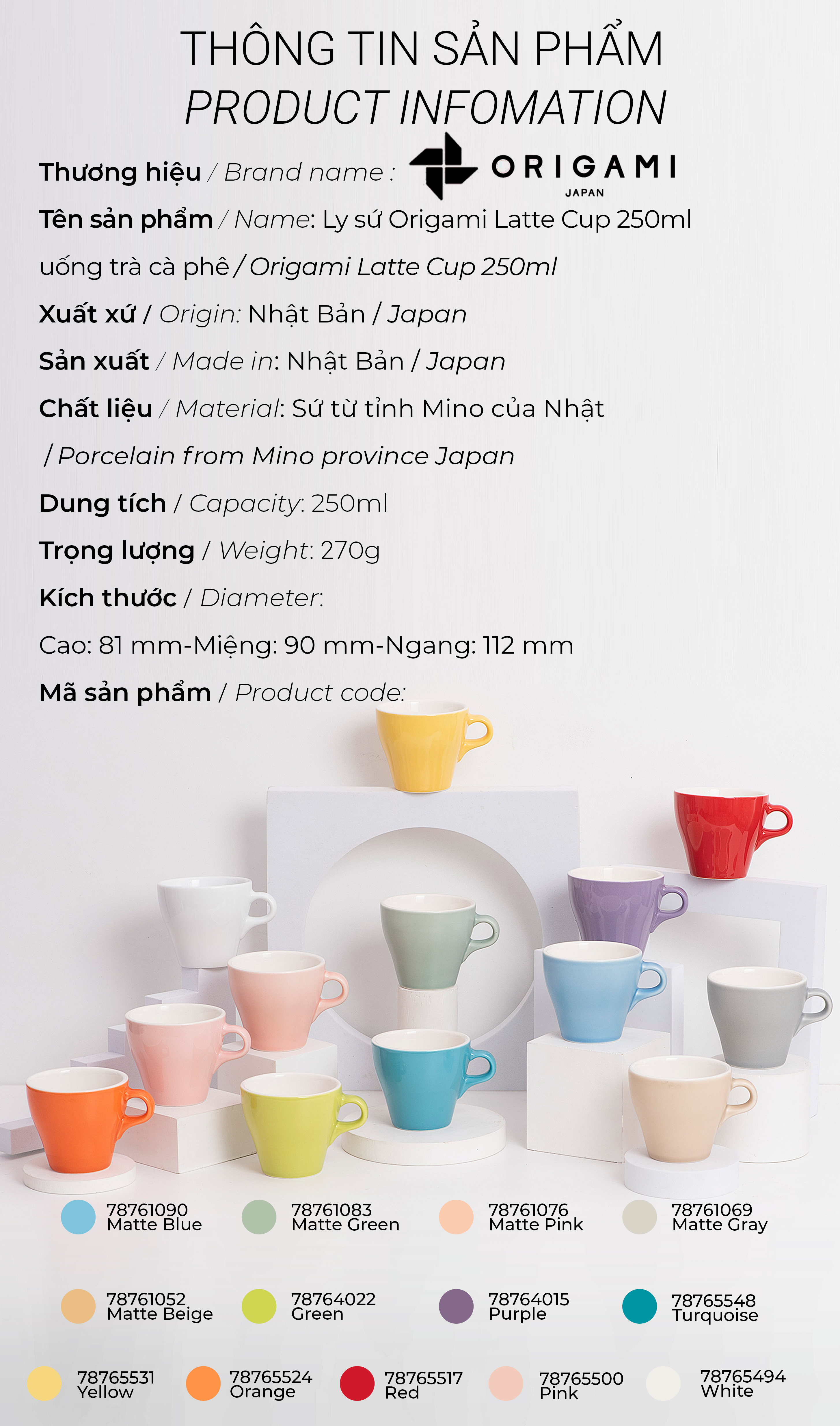 Ly sứ Origami Latte Cup 250ml uống trà cà phê