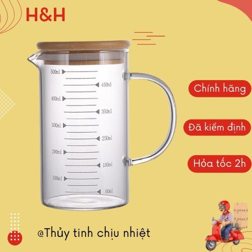 Ly thủy tinh chịu nhiệt chia vạch đo lường nắp gỗ tre hít kín hơi có quai 500ml