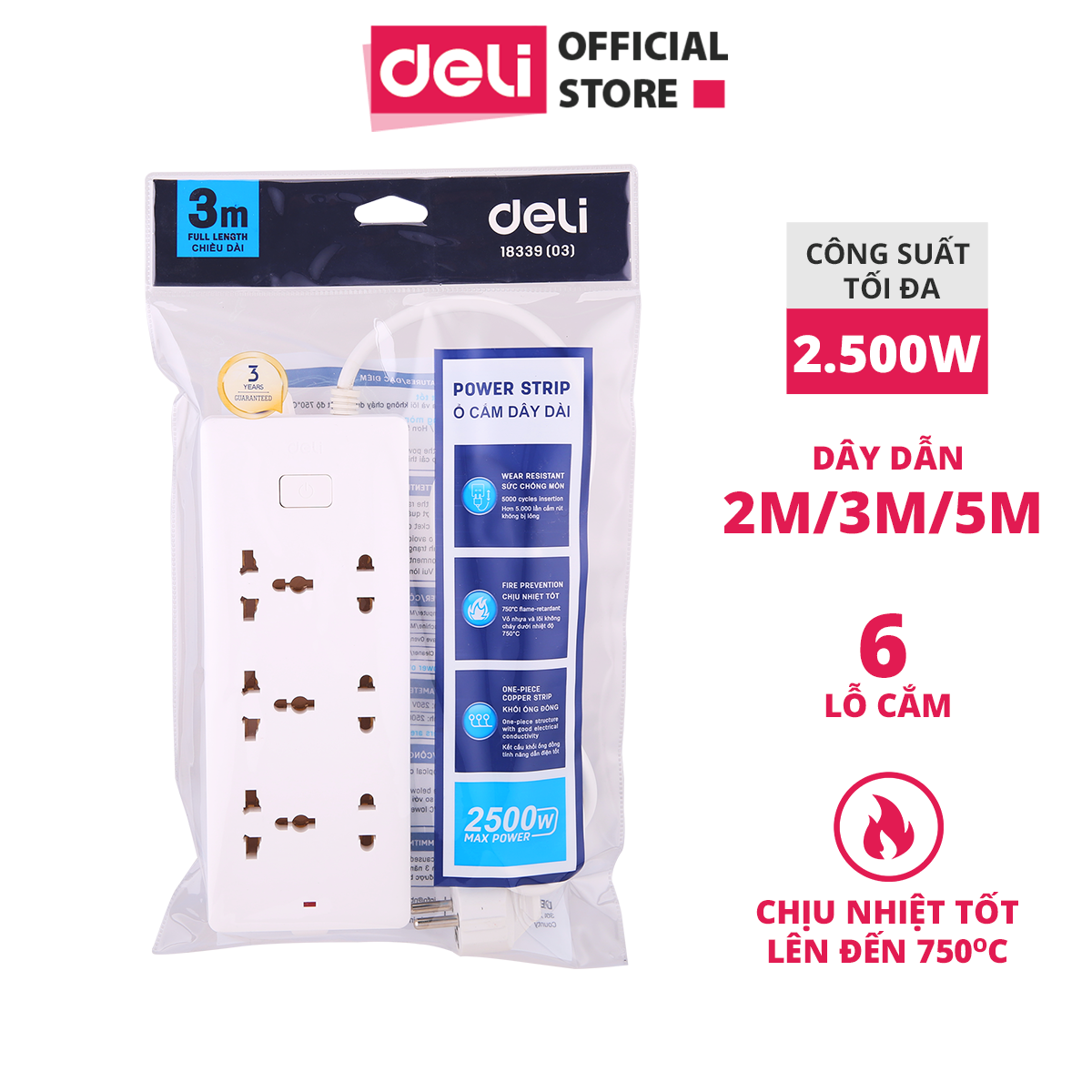 Ổ Cắm Điện Deli - Dây 2M/3M/5M - 1 Chiếc - E18339-02/E18339-03/E18339-05