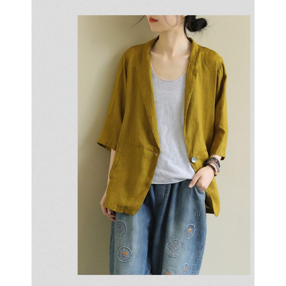 Áo vest balze linen dáng lửng tay lỡ 2 túi bên, chất vải linen tự nhiên, thời trang phong cách Nhật Bản
