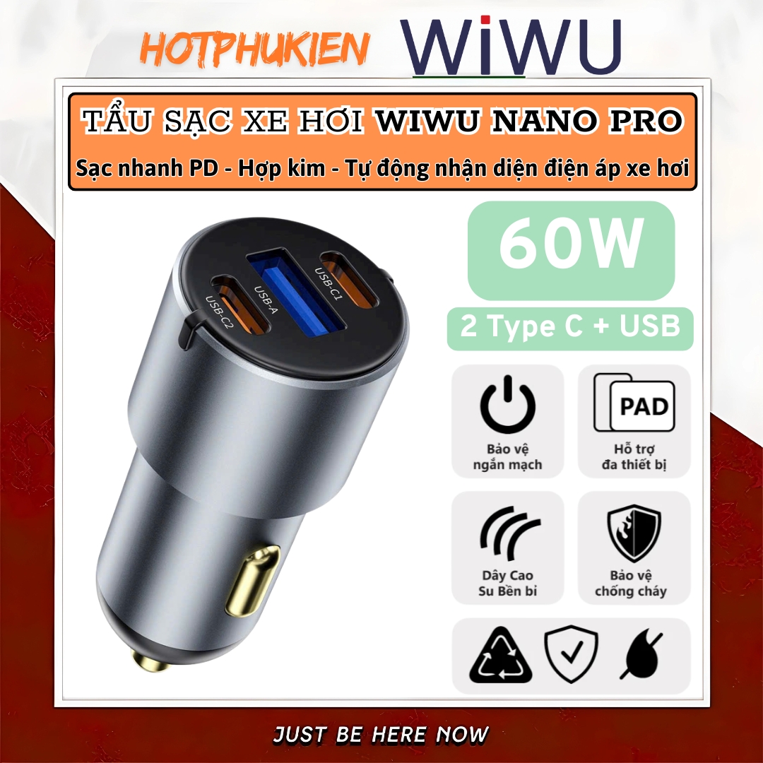 Tẩu củ sạc nhanh 60W cho xe hơi ô tô 2 PD3.0 Type- C + USB-A QC3.0 hiệu WIWU Nano Pro cho iphone 17 16 15 14 13 12 iPad Vivo Oppo samsung cho Macbook - hàng nhập khẩu