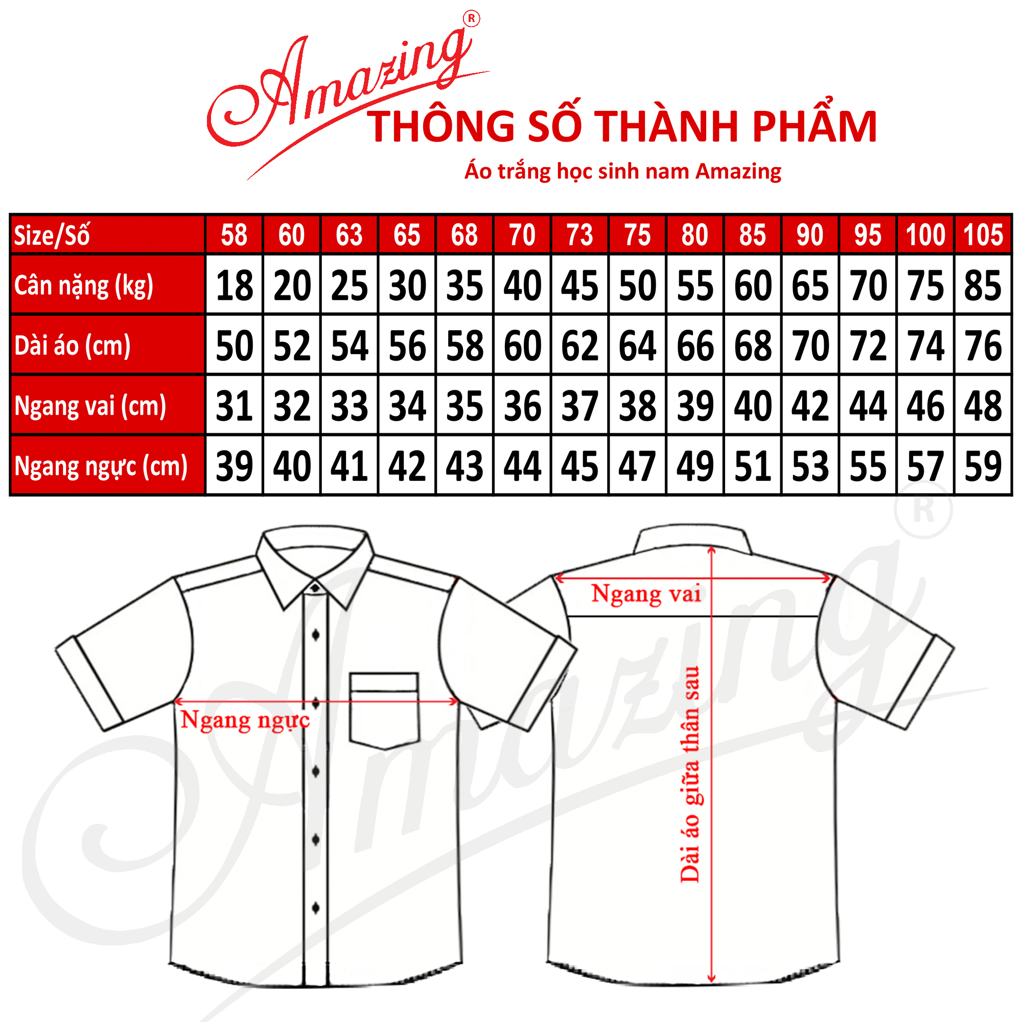 Áo sơ mi trắng tay dài, đồng phục học sinh nam, chất vải KT Silk mềm mại, size từ 20-95kg