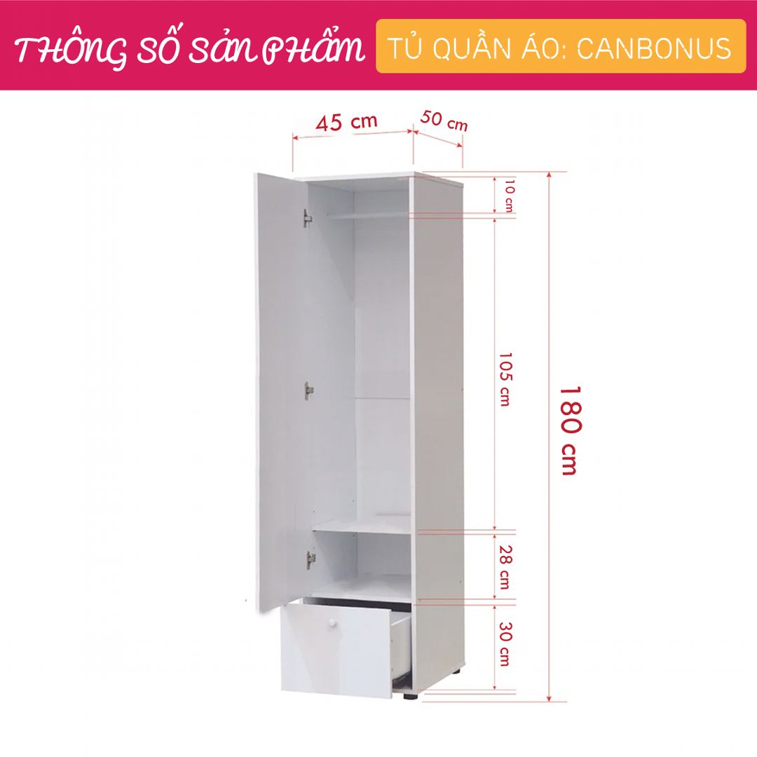 Tủ quần áo gỗ hiện đại SMLIFE Canbonus | Gỗ MDF dày 17mm chống ẩm | D45xR50xC180cm