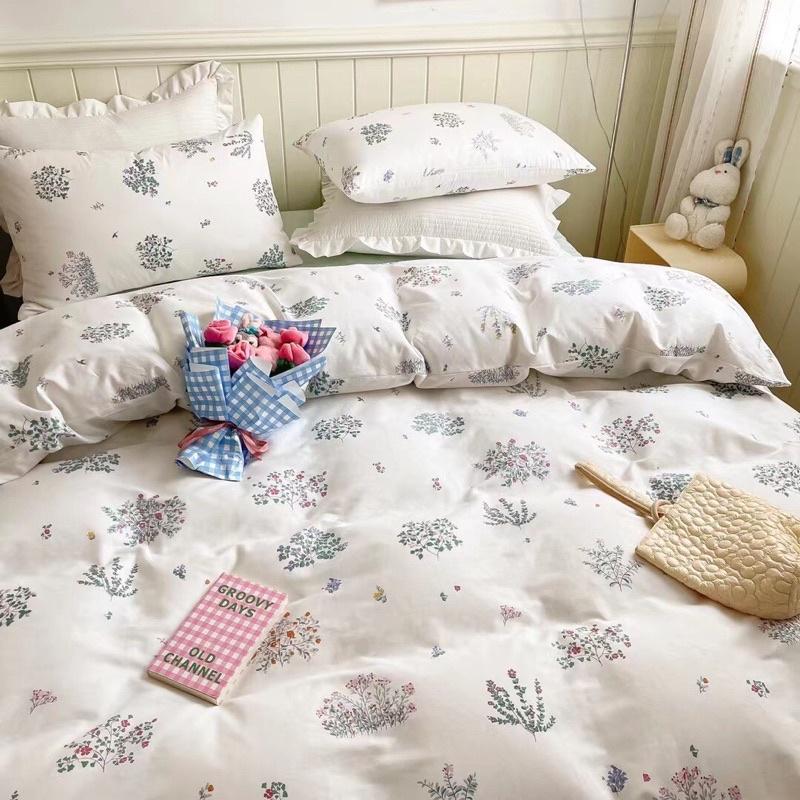Bộ Chăn Ga Gối Cotton Living Hàng Nhập Khẩu 4 Món Lá Nhí Trắng