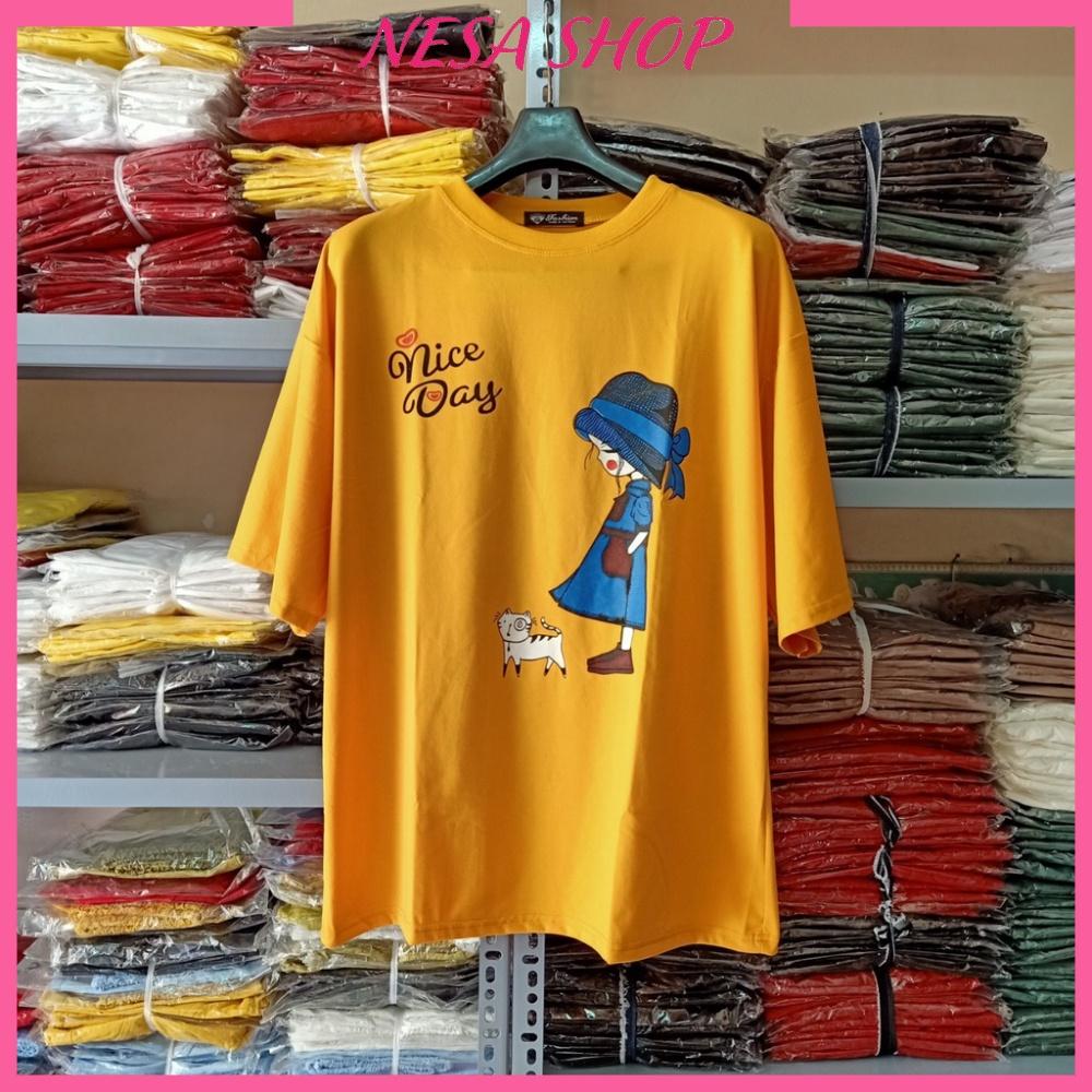 Áo phông tay lỡ, chất liệu thun cotton co giãn, áo unisex in hình cô gái, chữ Nice Day, Áo thun nam nữ form rộng