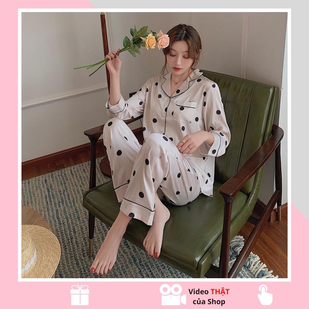 Bộ đồ ngủ, bộ ngủ nữ pijama lụa cao cấp Quảng Châu dài tay họa tiết trẻ trung