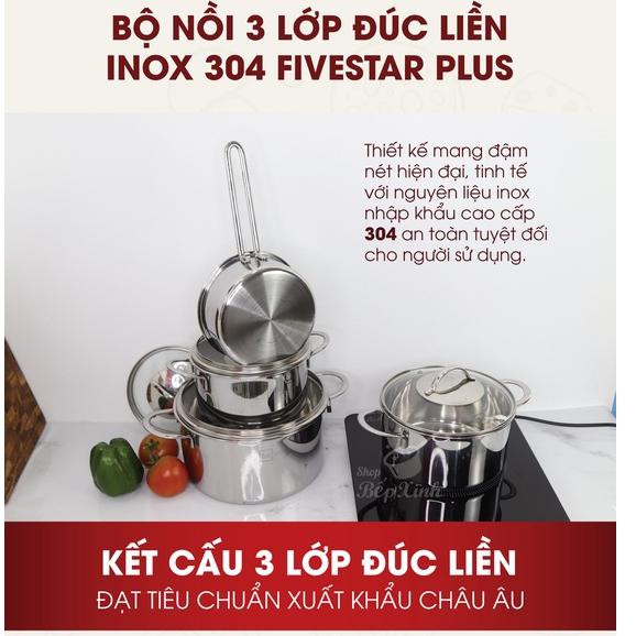 Bộ nồi 3 lớp đáy liền inox 304 Fivestar Plus quai oval nắp kính (1quánh16cm x 1nồi 18cm x 1nồi 20cm x 1nồi 24cm)