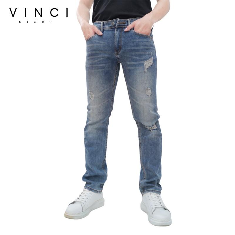 Quần Jean Nam Rách Ống Côn Slim Fit Màu Bụi