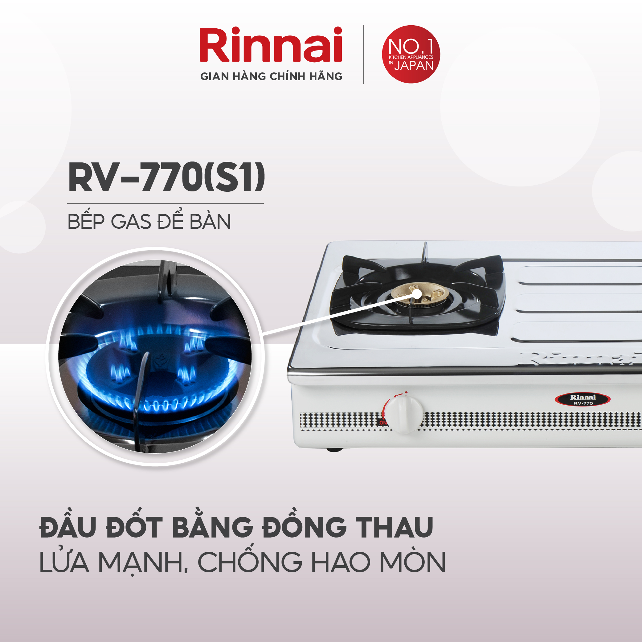Bếp gas dương Rinnai RV-770 mặt bếp inox và kiềng bếp men - Hàng chính hãng.