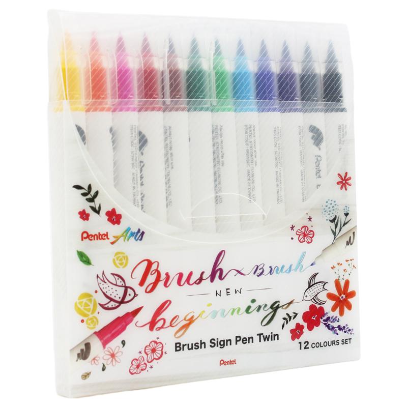 Bộ 12 Bút Lông Màu Nước 2 Đầu - Brush Sign Pen Twin - Pentel Art SESW30C-12E