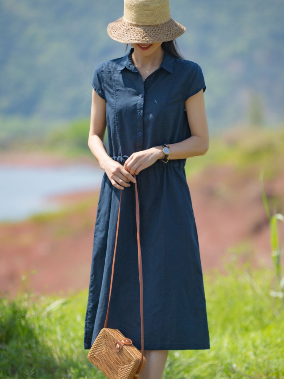 Đầm sơ mi ngắn tay, Đầm linen suông nữ rút eo cổ sơ mi, phong cách retro ARCTIC HUNTER