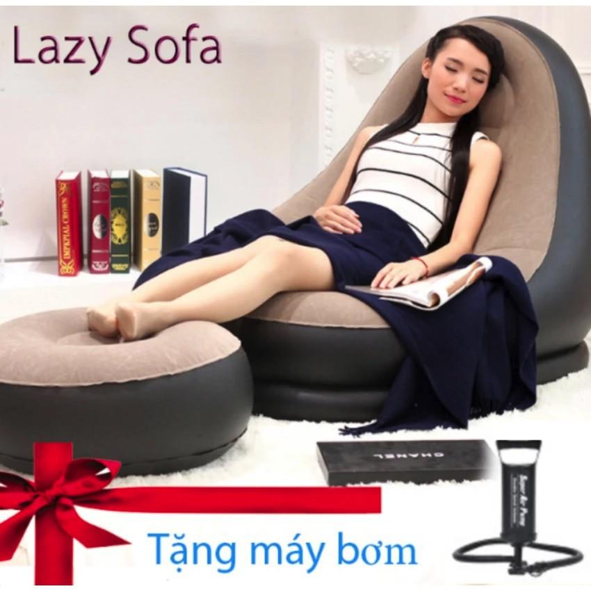 Ghế hơi tựa lưng bọc nhung Lazy Sofa, có đôn gác chân + Tặng máy bơm hơi điện 220v