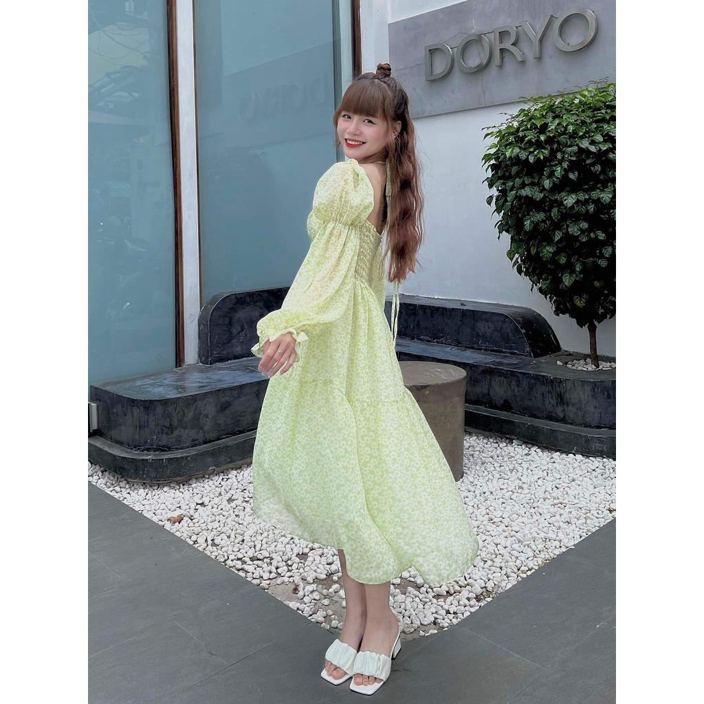 Đầm voan chiffon hoa xanh nhí có smocking lưng thun