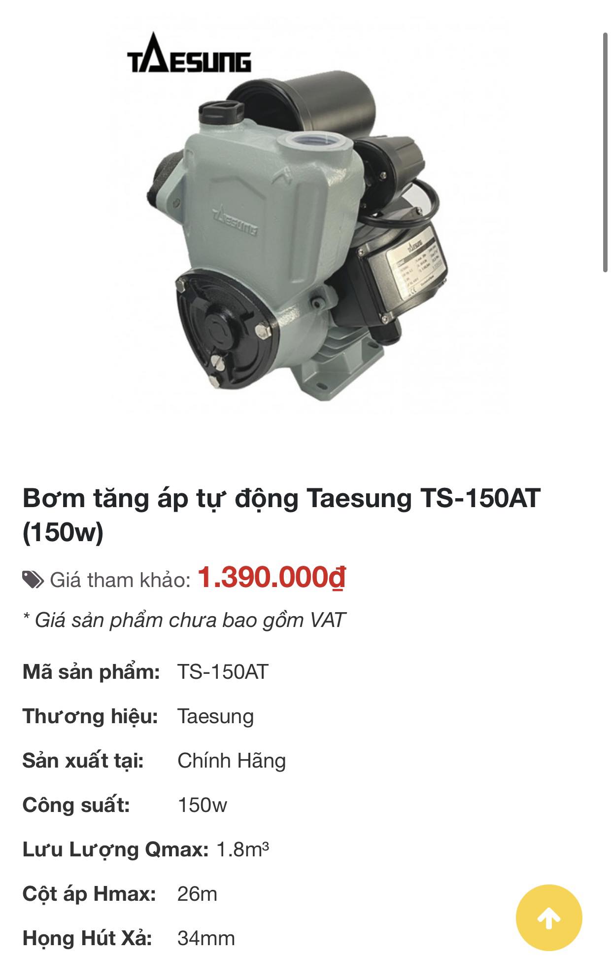 Máy bơm tăng áp tự động taesung 150w hoạt động êm, tăng áp cho nhà 1-2 tầng