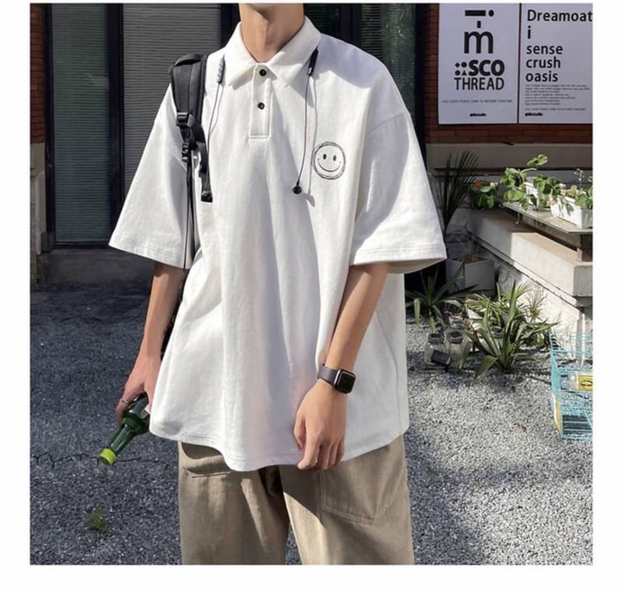 Áo phông polo ngắn tay hình mặt cười cá tính im đậm cá tính vintage unisex