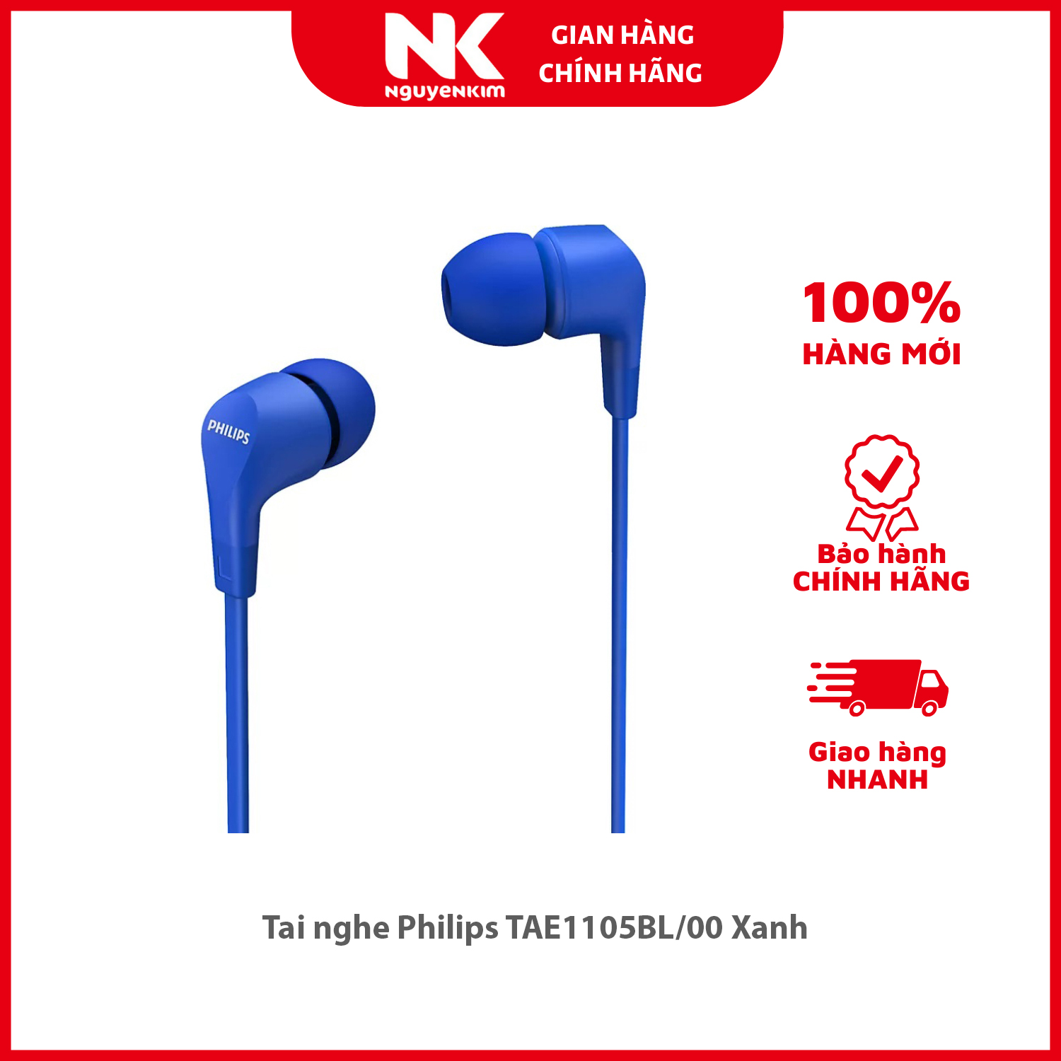 Tai nghe Philips TAE1105BL/00 Xanh - Hàng Chính Hãng