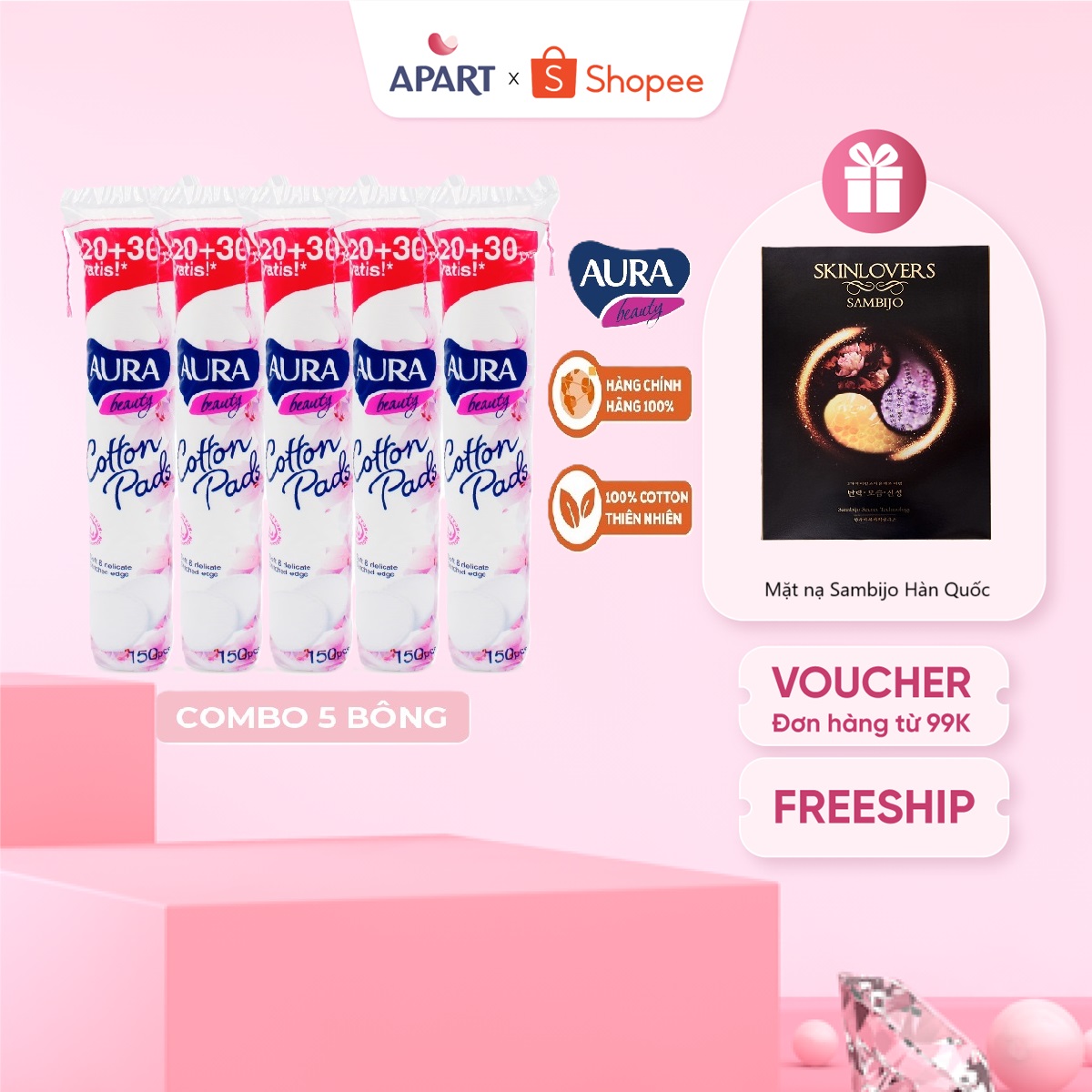 Combo 5 Bông Tẩy Trang Aura Beauty 150 Miếng