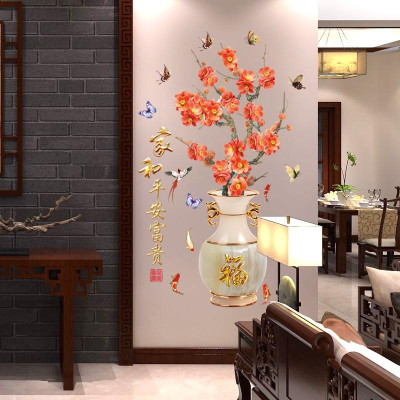 Decal dán tường Bình hoa đào đỏ 3D to nhất