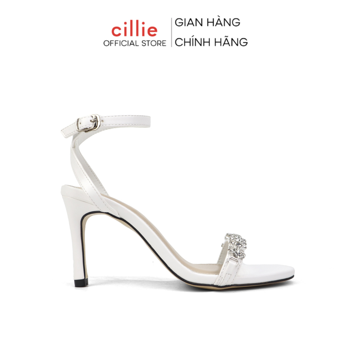 Giày sandal cao gót nữ quai ngang đính đá gót nhọn thời trang thanh lịch Cillie 1004