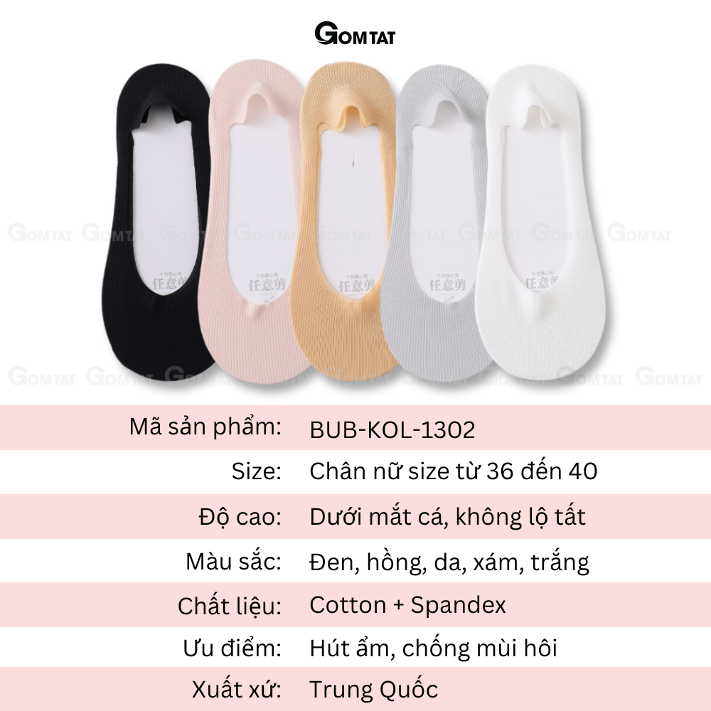 Tất vớ lười nữ GOMTAT chất liệu cotton trơn sọc gân, có đệm cao su chống tuột gót, thoáng khí - BUB-KOL-1302-1DOI