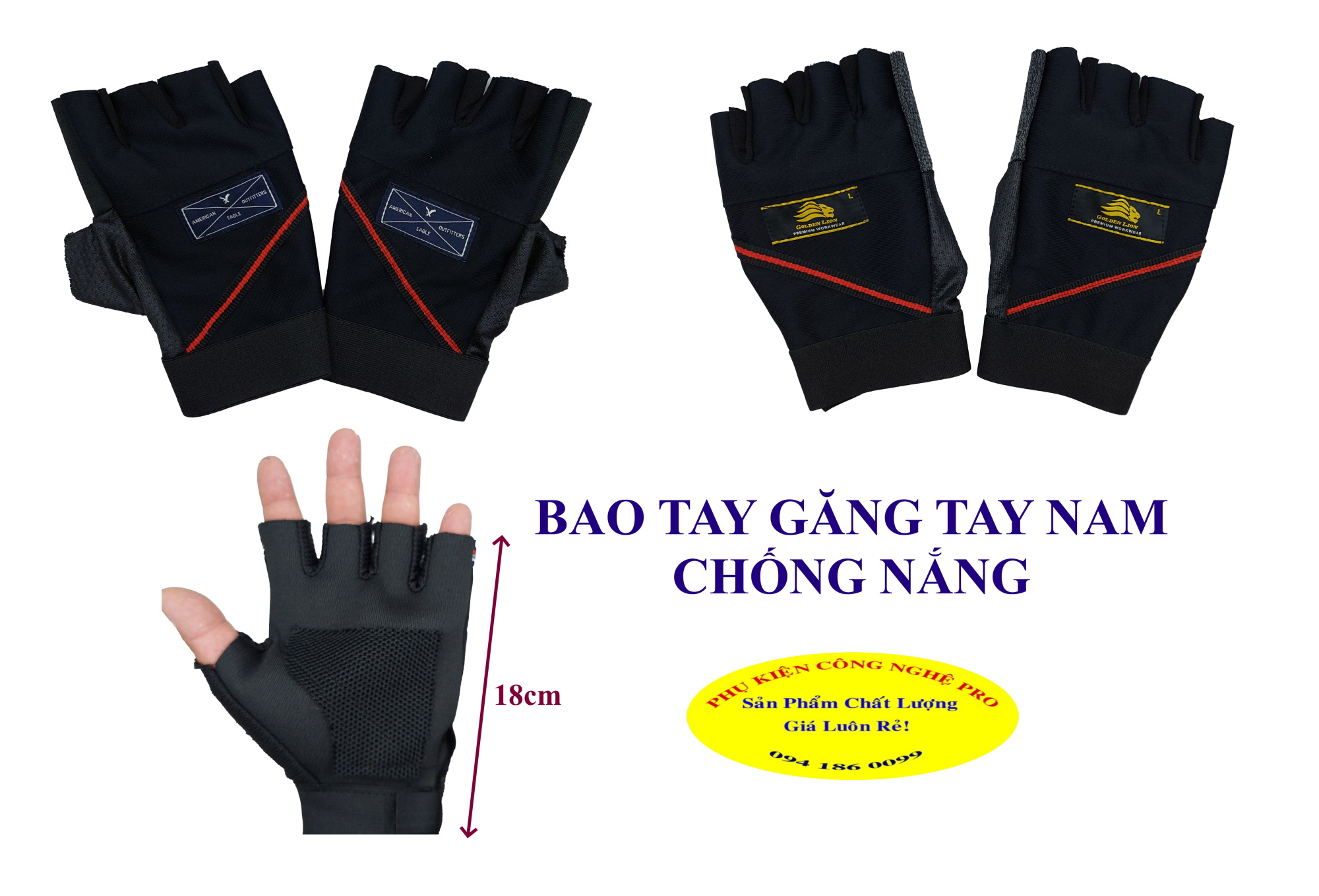 Bao tay Găng tay Nam Chống nắng Hở 5 ngón Chất liệu vải dày Gắn sọc đen đỏ, Chống tia UV, Bảo vệ da tay