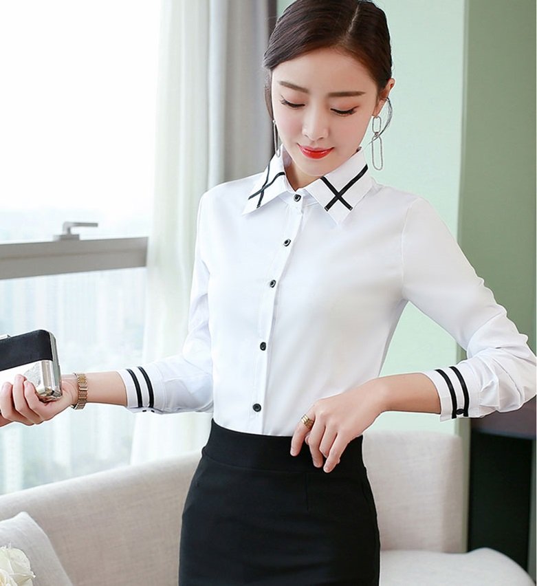 Áo sơ mi nữ trắng, áo sơ mi nữ công sở kiểu dáng basic, phối hạo tiết đen ở cổ và tay làm điểm nhấn HB147