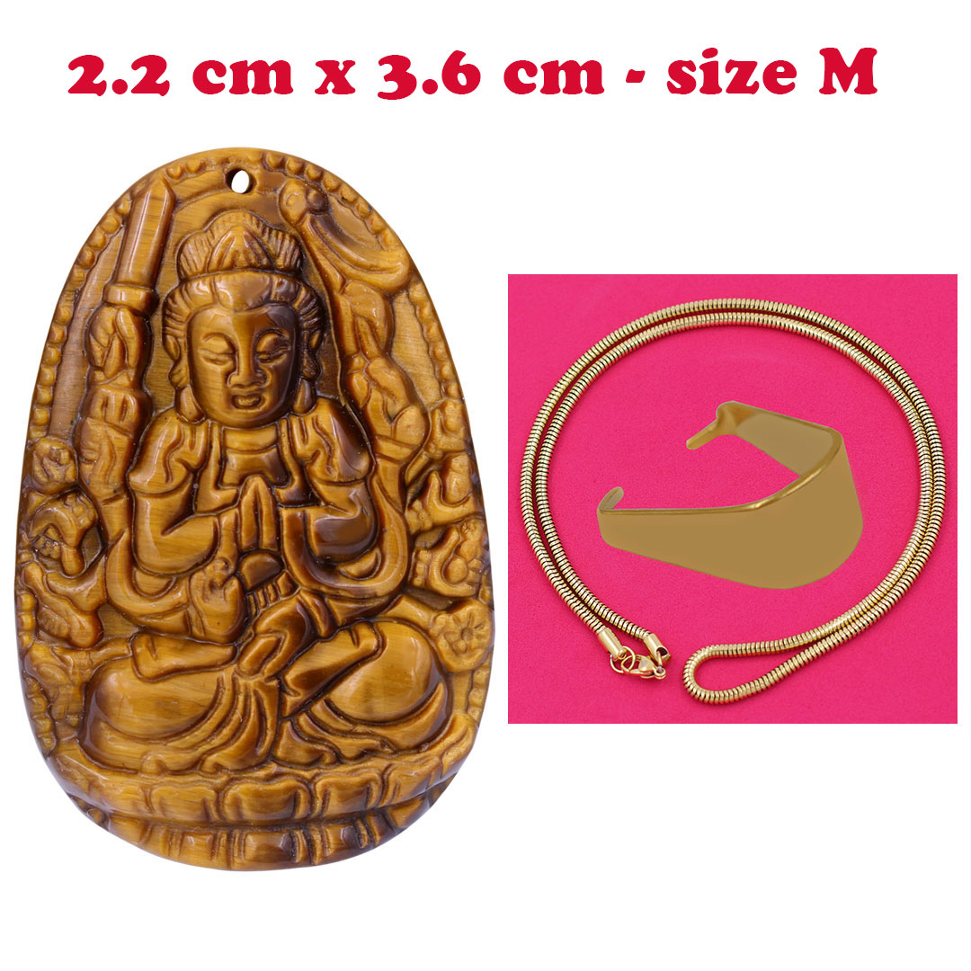 Mặt Phật Thiên thủ thiên nhãn đá mắt hổ 3.6 cm kèm dây chuyền inox rắn vàng - mặt dây chuyền size M, Mặt Phật bản mệnh, Quan âm bồ tát