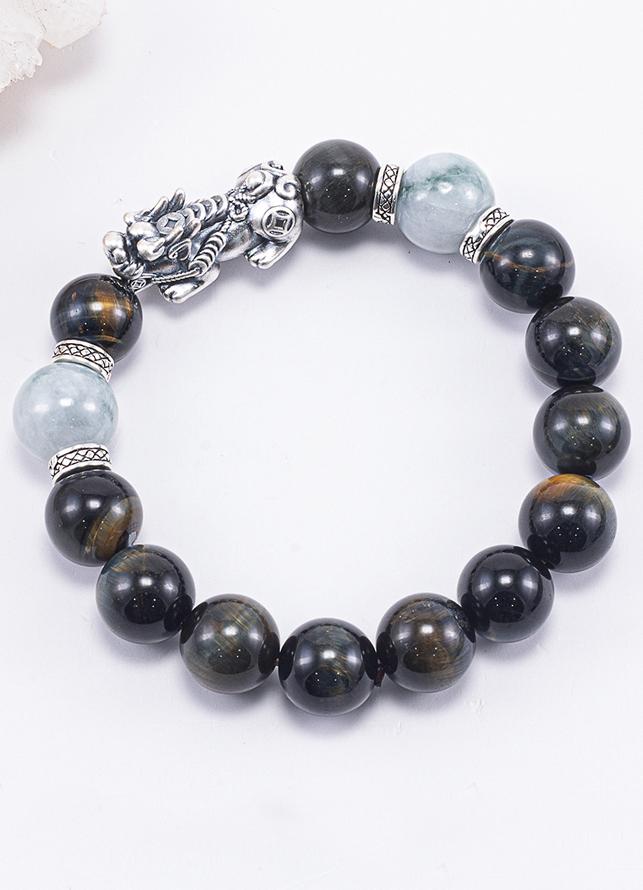 Vòng Tay Phong Thủy Nam Đá Mắt Hổ Xanh Đen Mix Đá Cẩm Thạch Phỉ Thúy Phối Charm Tỳ Hưu Bạc  Mệnh Thủy, Mộc Ngọc Quý Gemstones