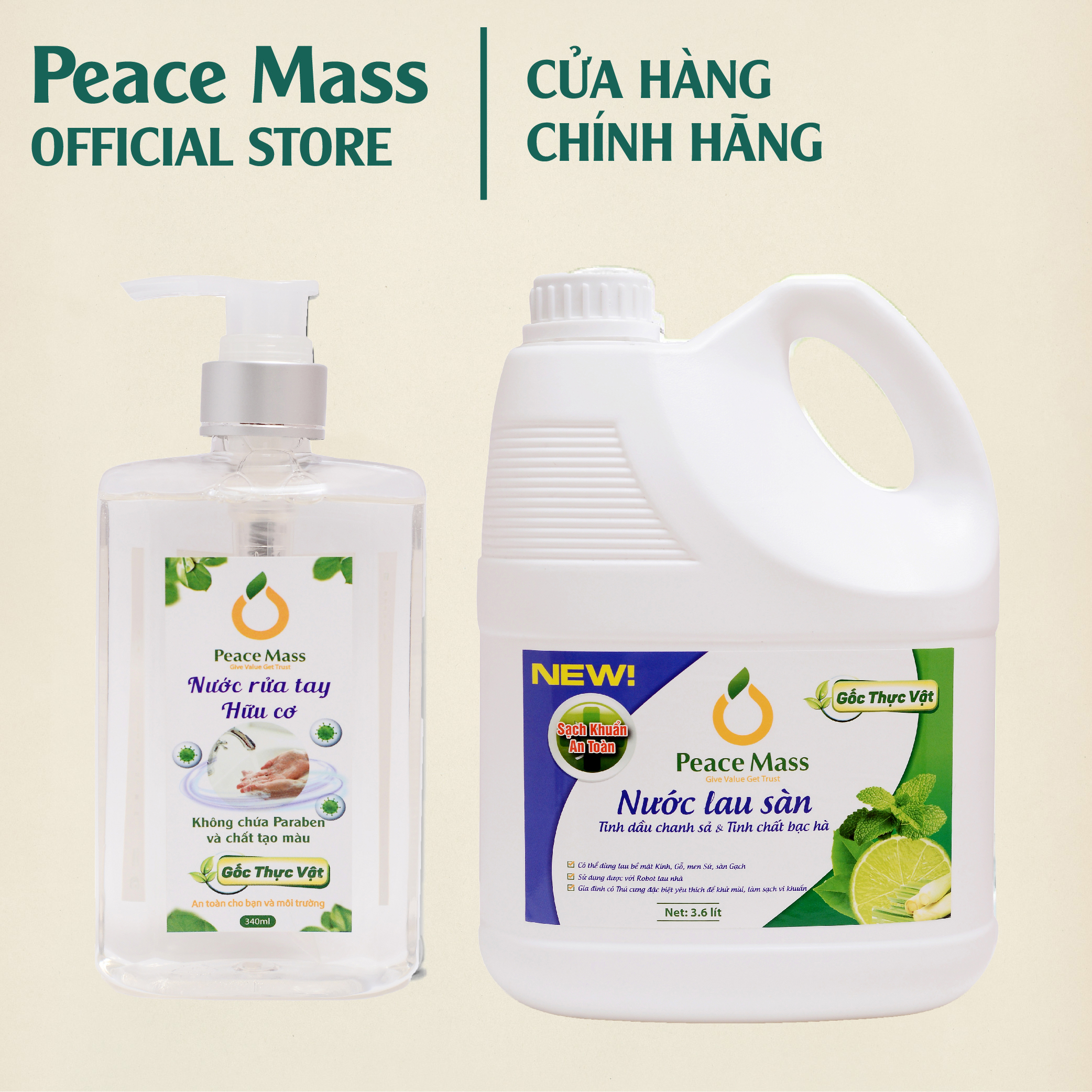 Combo Sản Phẩm Gốc Thực Vật LSB2 Peace Mass - Nước Lau Sàn TD Chanh Sả - Bạc Hà 3.6l + Nước Rửa Tay 340ml