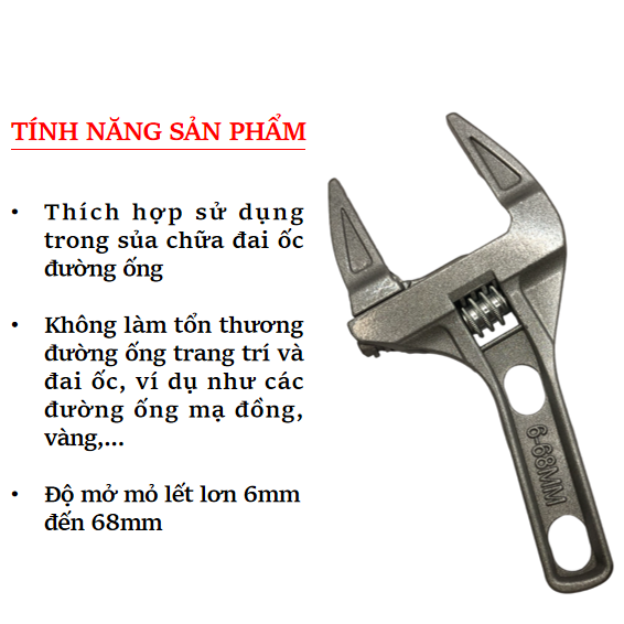 Cờ lê phòng tắm, cờ lê mỏ lết dùng trong phòng tắm, độ mở mỏ lết lớn 6mm đến 68mm phù hợp với các đai ốc có kích thước lớn