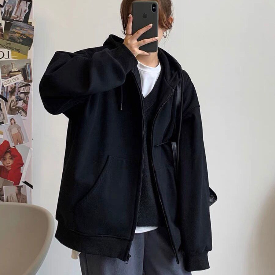 Áo Khoác hoodie khóa kéo có nón form rộng Đen Khoá Kéo Siêu Hot 2023 dành cho nam và nữ