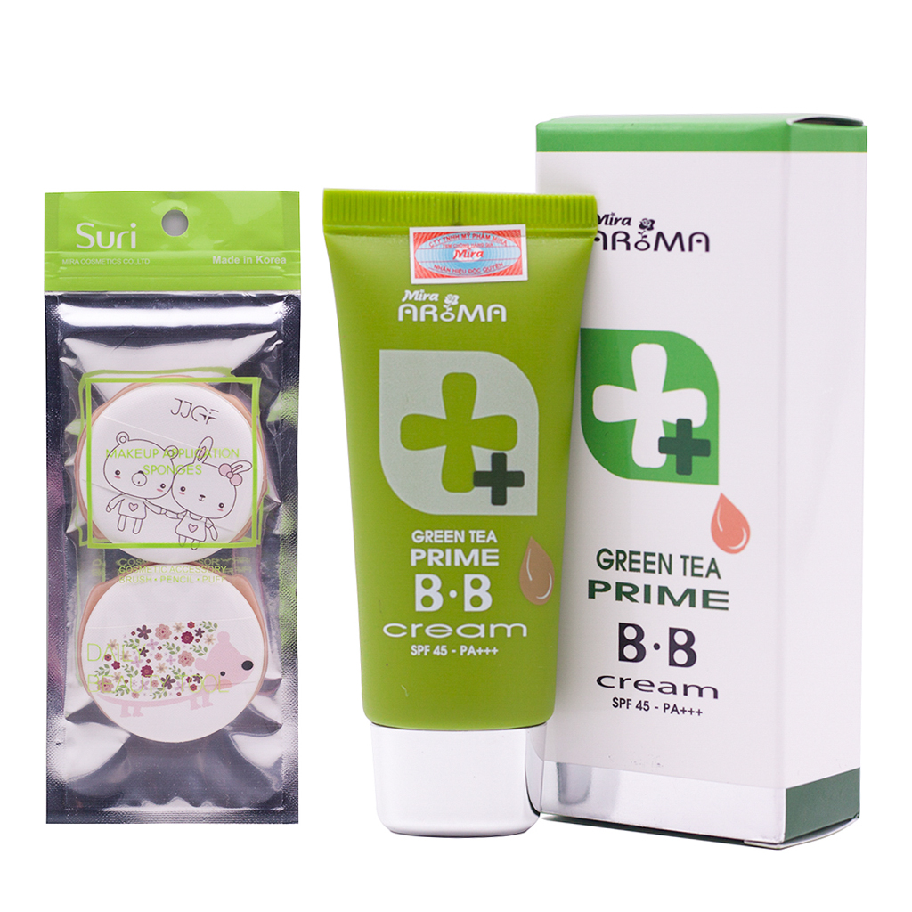 Kem Nền BB Hàn Quốc Cao Cấp Tinh Chất Trà Xanh Mira Aroma Prime Grren Tea (30ml) + Tặng Bông Tán Kem Nền, Phấn Cute Siêu Mịn Suri (2 miếng/ túi) – Hàng Chính Hãng