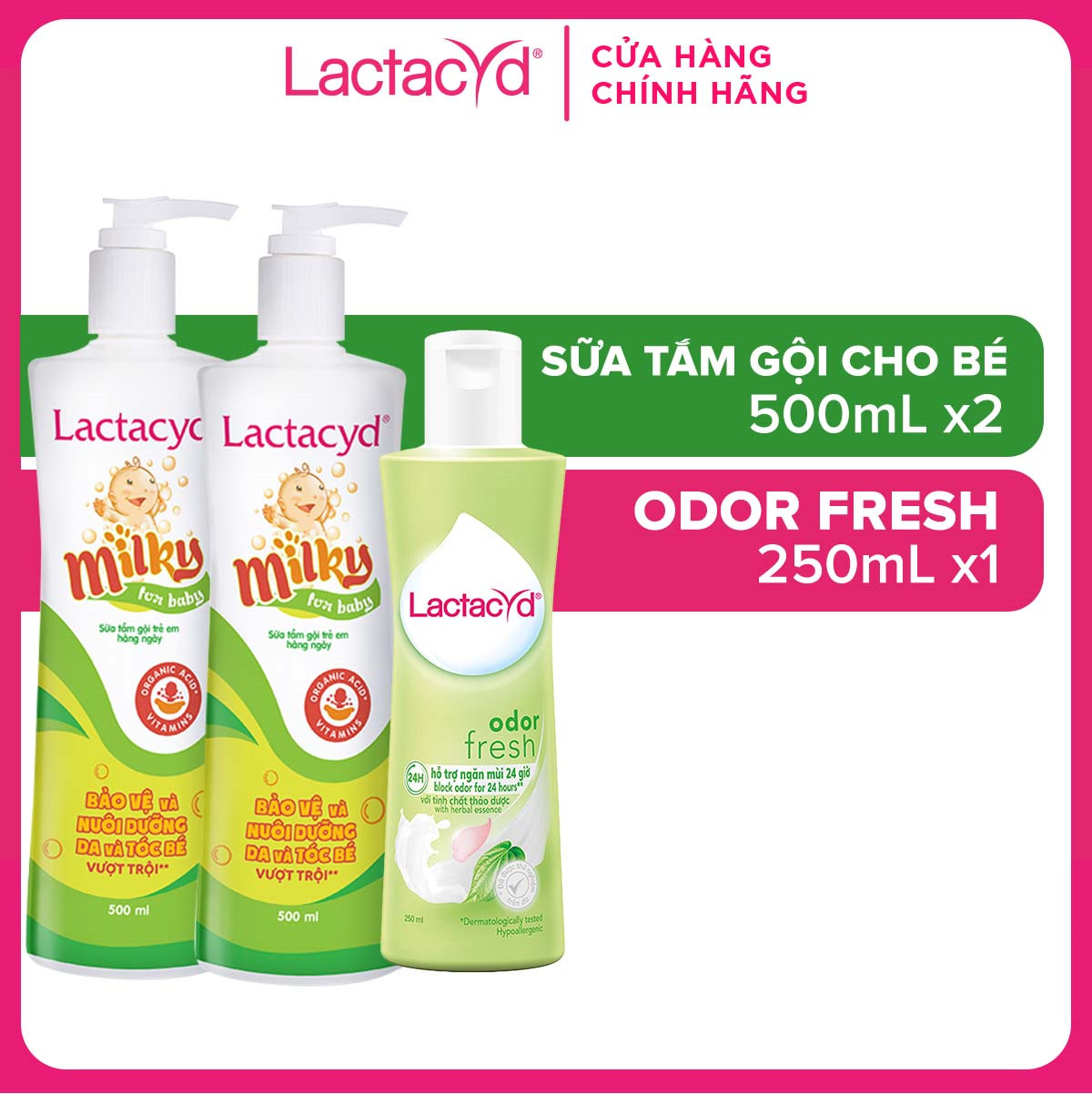 Bộ 2 chai Lactacyd Milky BẢO VỆ, NUÔI DƯỠNG DA &amp; TÓC BÉ VƯỢT TRỘI 500ml/chai + 1 DDVS Odor Fresh NGĂN MÙI 24H 250ml/chai