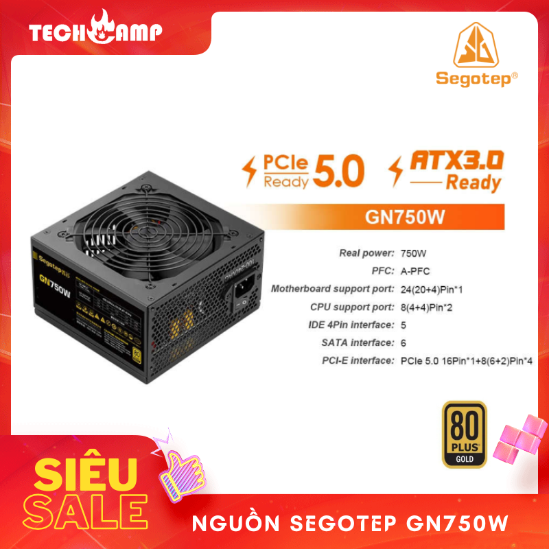 Nguồn SEGOTEP GN750W 80 PLUS GOLD PCIE 5.0 ATX 3.0 - Non Modular - Hàng chính hãng