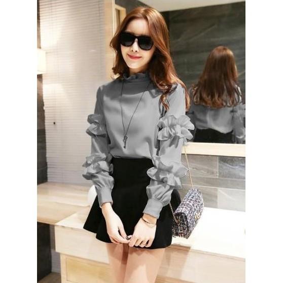 Áo kiểu vải voan tay dài phối bèo thanh lịch cho nữ