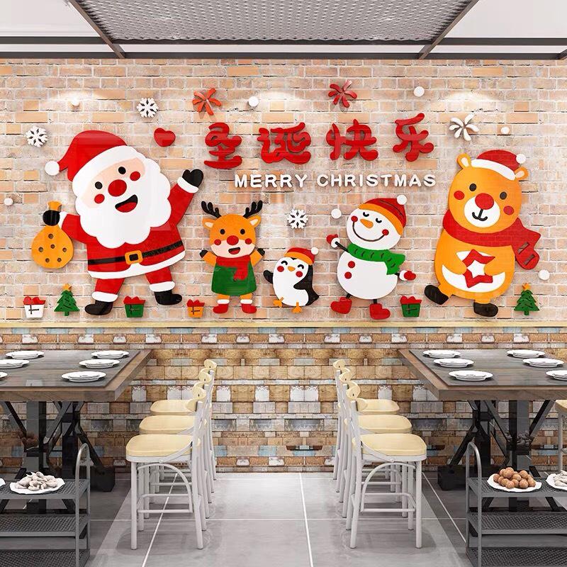 Decal dán tường trang trí Giáng Sinh hình ông già Noel cùng chú tuần lộc, người Tuyết, trang trí cửa kính cửa hàng