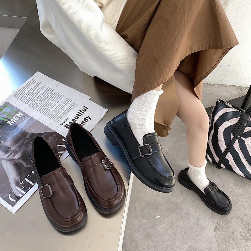 Giày Da PU Đế Bằng Phong Cách Retro Thời Trang 2021 Cho Nữ
