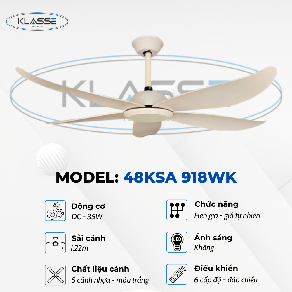 Quạt trần không đèn Klasse 48KSA 918WK Hàng chính hãng