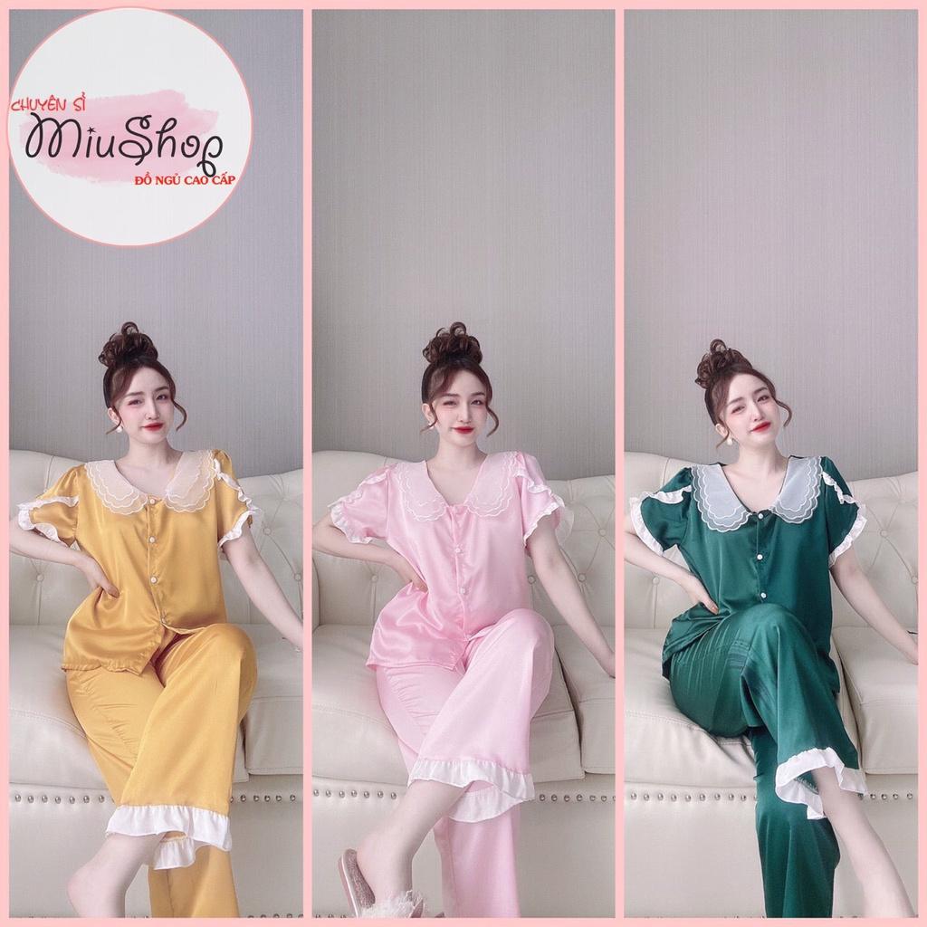 Đồ bộ lụa satin cai cấp cổ 3 lá phối ren tay ngắn quần dài dễ thương đồ ngủ lụa satin có tay freesize