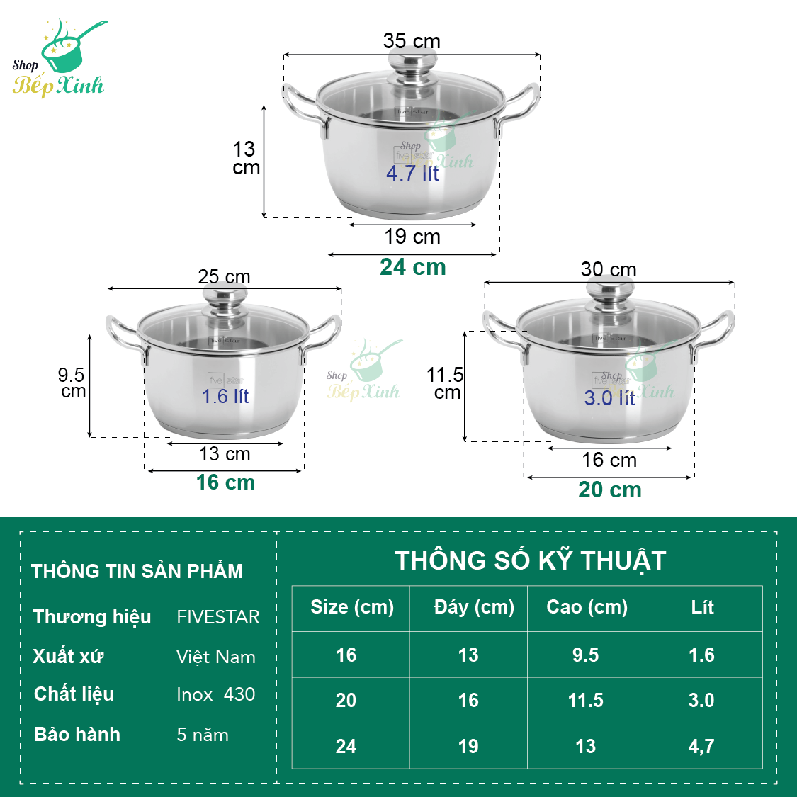 Bộ nồi inox và chảo chống dính cao cấp Fivestar 4 món 3 đáy từ , nắp kính ( tặng 1 vá canh)