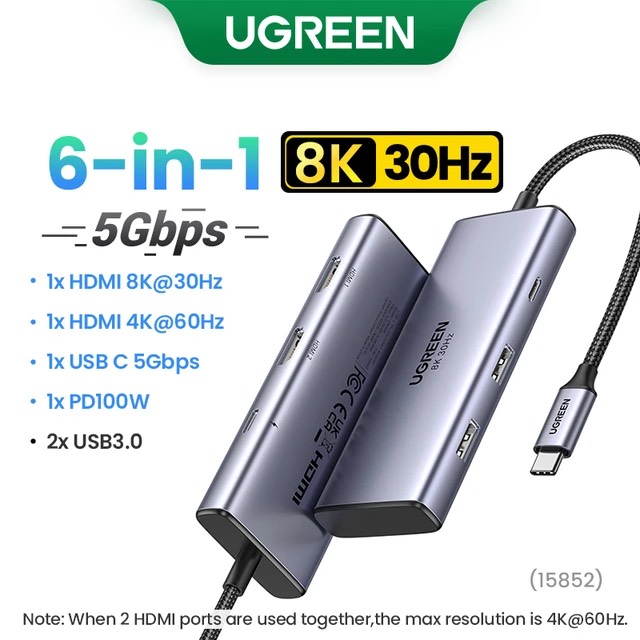 Hub USB-C 6 in 1 Ugreen 15852 CM948 2* HDMI + 2* USB 3.0, 1* USB-C Data 5Gbps, Hỗ Trợ 8K30Hz 4K60Hz, PD100W hàng chính hãng