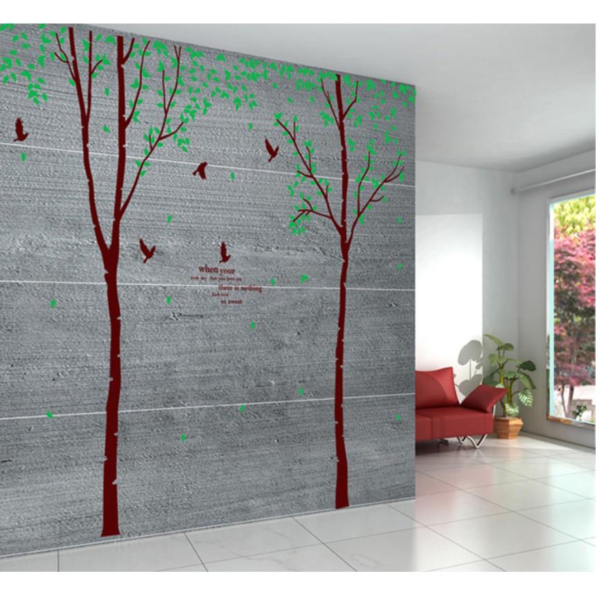 Decal trang trí tường - 2 Cây mỏng lá xanh nhí Chim Đen size lớn
