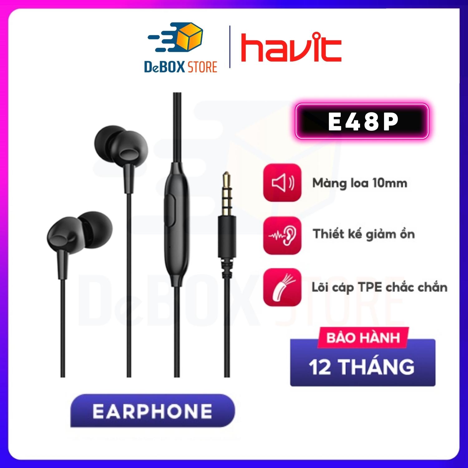 Tai Nghe In-ear HAVIT E48P High-end Dynamic Giảm Ồn, Nút Nhấn Đa Chức Năng, Dây TPE Nhiều Màu Sắc - Hàng Chính Hãng