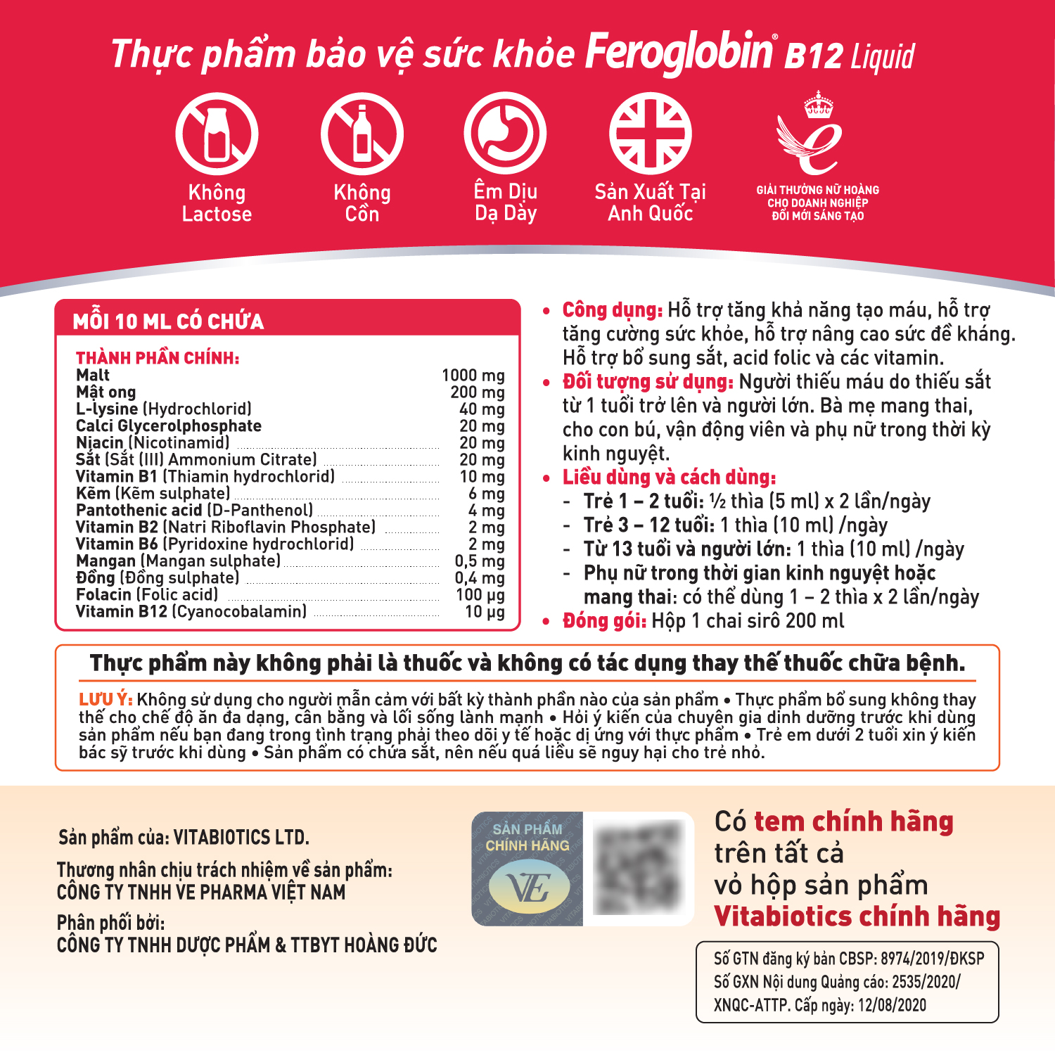 Siro Bổ Máu Vitabiotics FEROGLOBIN B12 Cung Cấp Sắt Hỗ Trợ Tăng Khả Năng Tạo Máu, Nâng Cao Sức Đề Kháng 200ml