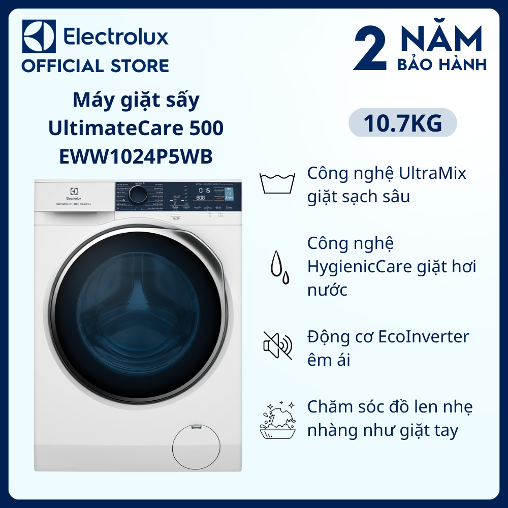 Máy giặt sấy Electrolux 10/7kg EWW1024P5WB - Giặt sạch sâu, không cặn giặt tẩy, giặt hơi nước êm dịu như giặt tay, tiết kiệm hơn 50% điện năng
